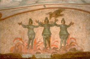 The three little one's dancing in the flames...referred to in the Benedicite. They represent the hope of rebirth & resurrection and were popular in tomb depictions and decorations in the early church