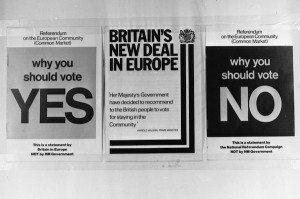 1st May 1975:  Three documents, for and against, published for the referendum on the Common Market.  The document 'Britain's New Deal in Europe' (centre) contains a recommendation by the government signed by prime minister Harold Wilson for Britain to stay in the Community.  (Photo by Keystone/Getty Images)